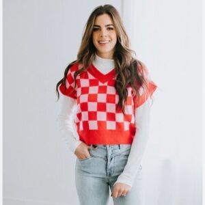 First Love Pink and White Checkered V-Neck Sweater